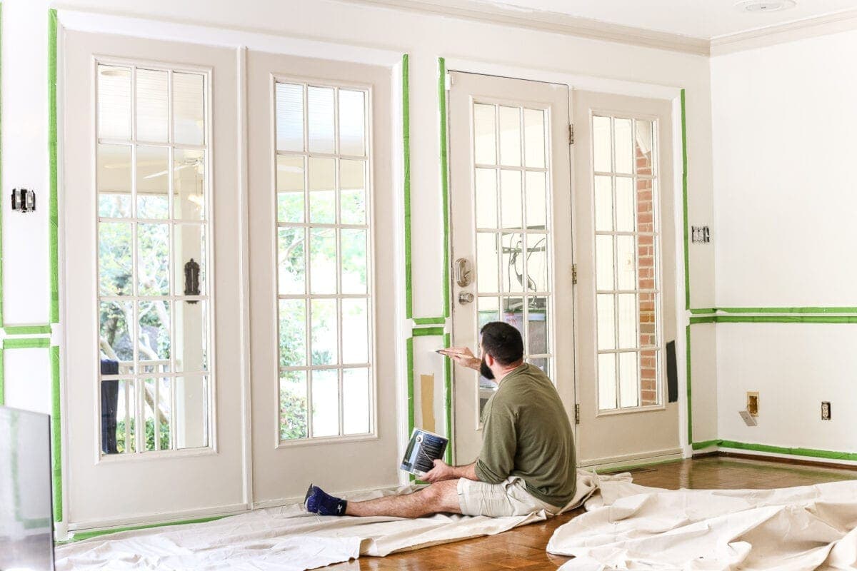 French doors in a living room with white walls