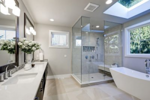 luxury bathroom with large sinks, a standalone tube, and spacious shower
