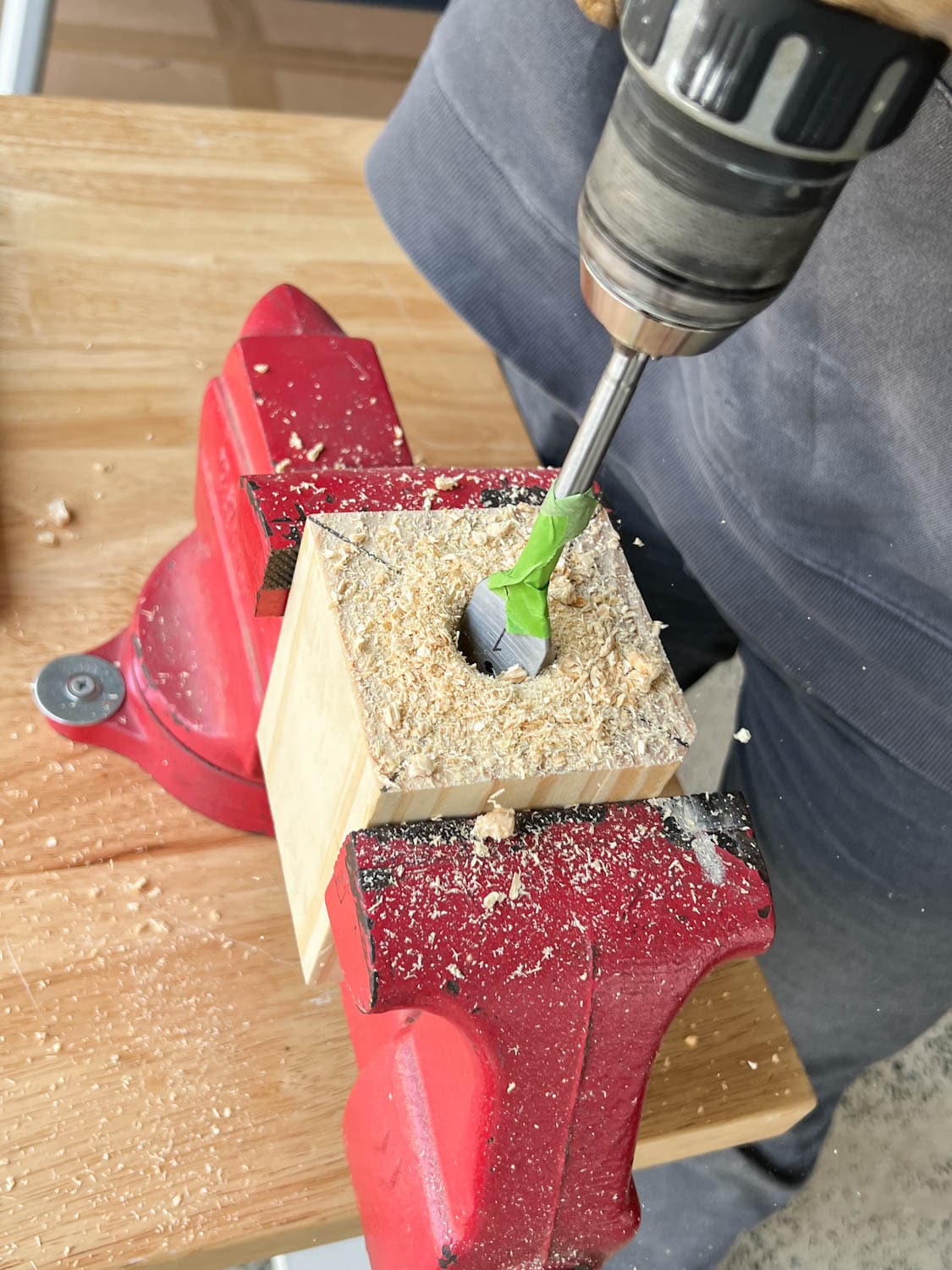 drilling a new newel post mount from a wood block