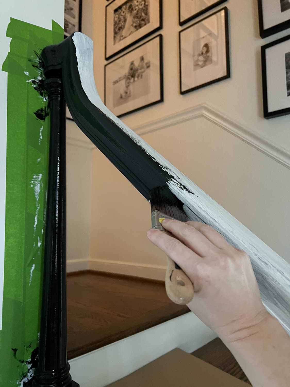 painting stair railing with black waterborne alkyd paint for super durability