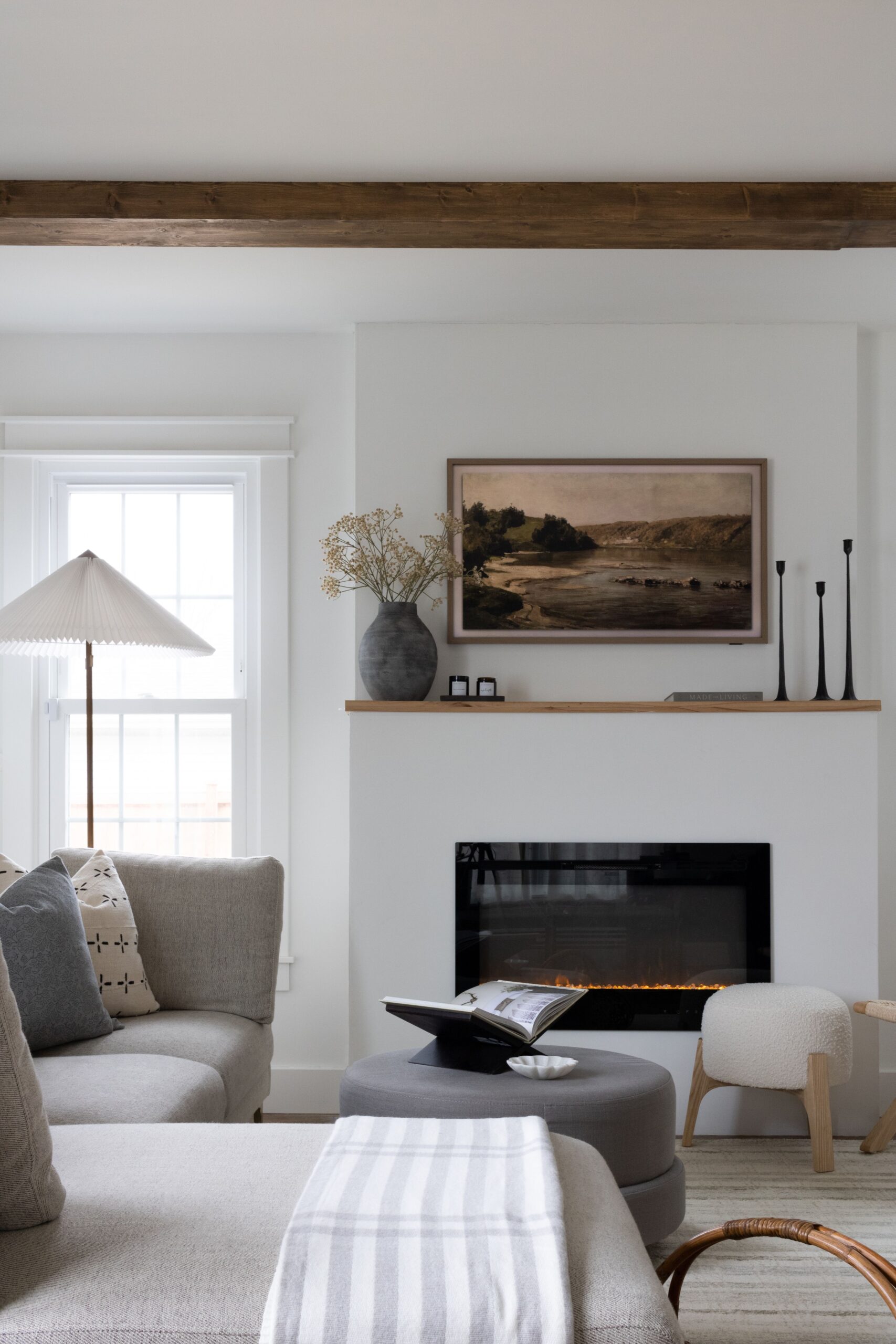 modern diy fireplace with wood mantel