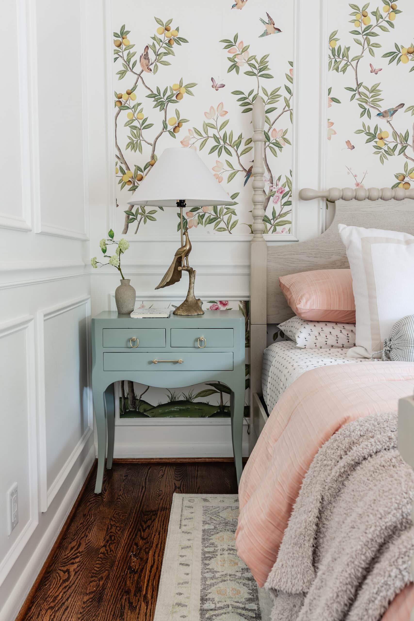 sherwin williams evergreen fog painted bedside table in a bedroom